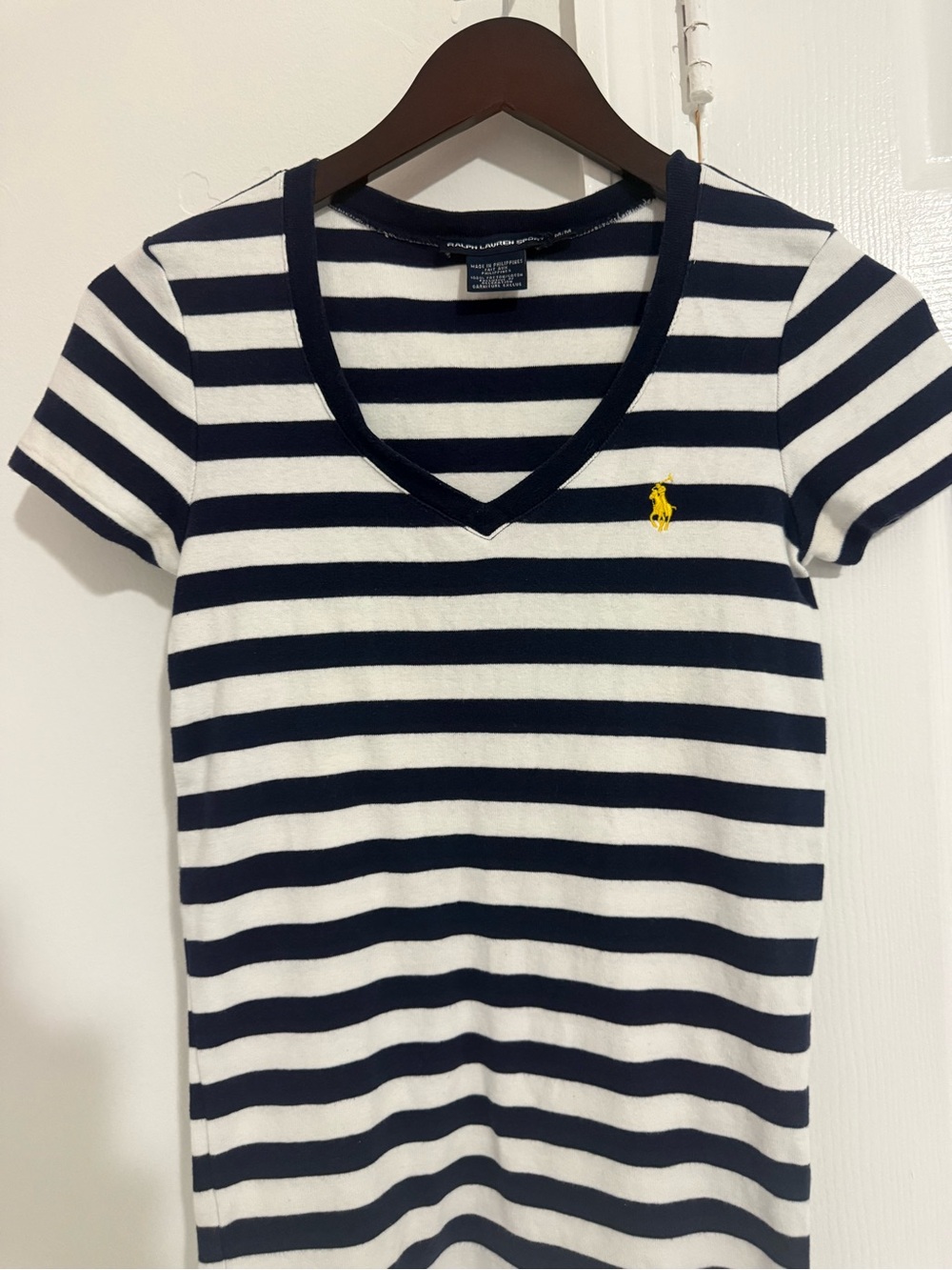 Ralph Lauren Navy & White Striped V-Neck Tee with Yellow Pony